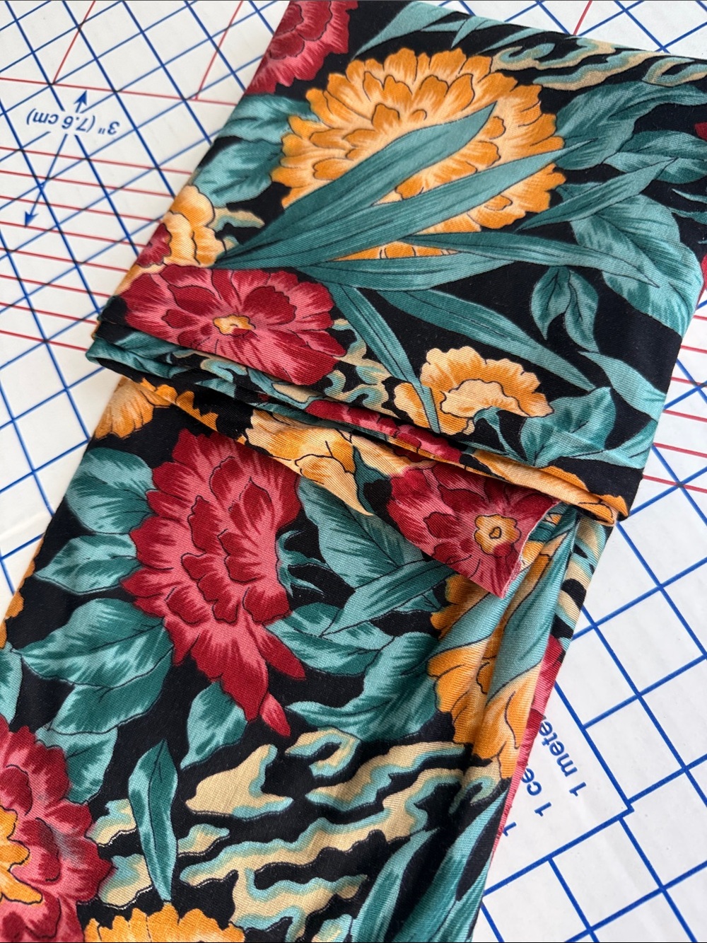 Vintage 80s 90s Tropical Floral Fabric Black Teal Burgundy 1.5 Yds x 44”